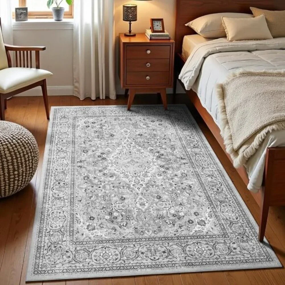 New 4x6 Grey Boho Area Rug, Washable Vintage Floral Non-Slip Carpet for Bedroom